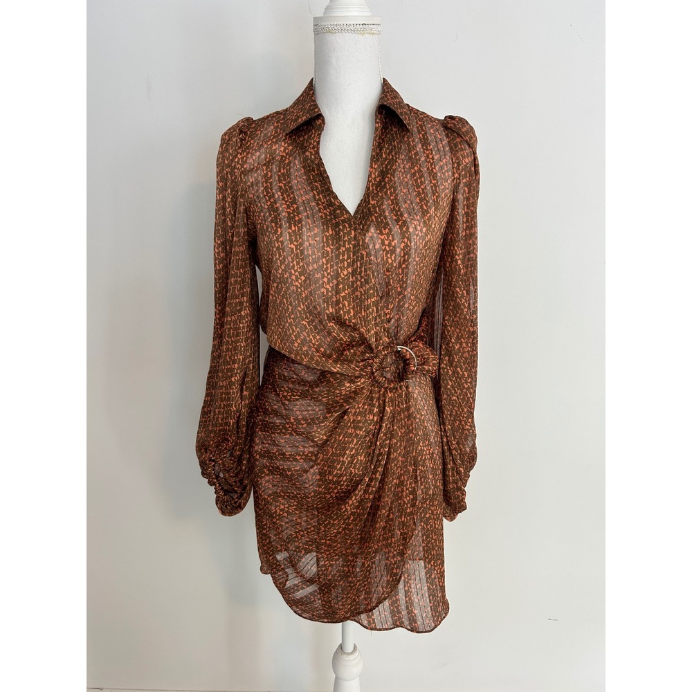 Bailey 44 Brown‎ Orange Abstract Print Wrap Mini Dress Long Sleeve O-Ring XS